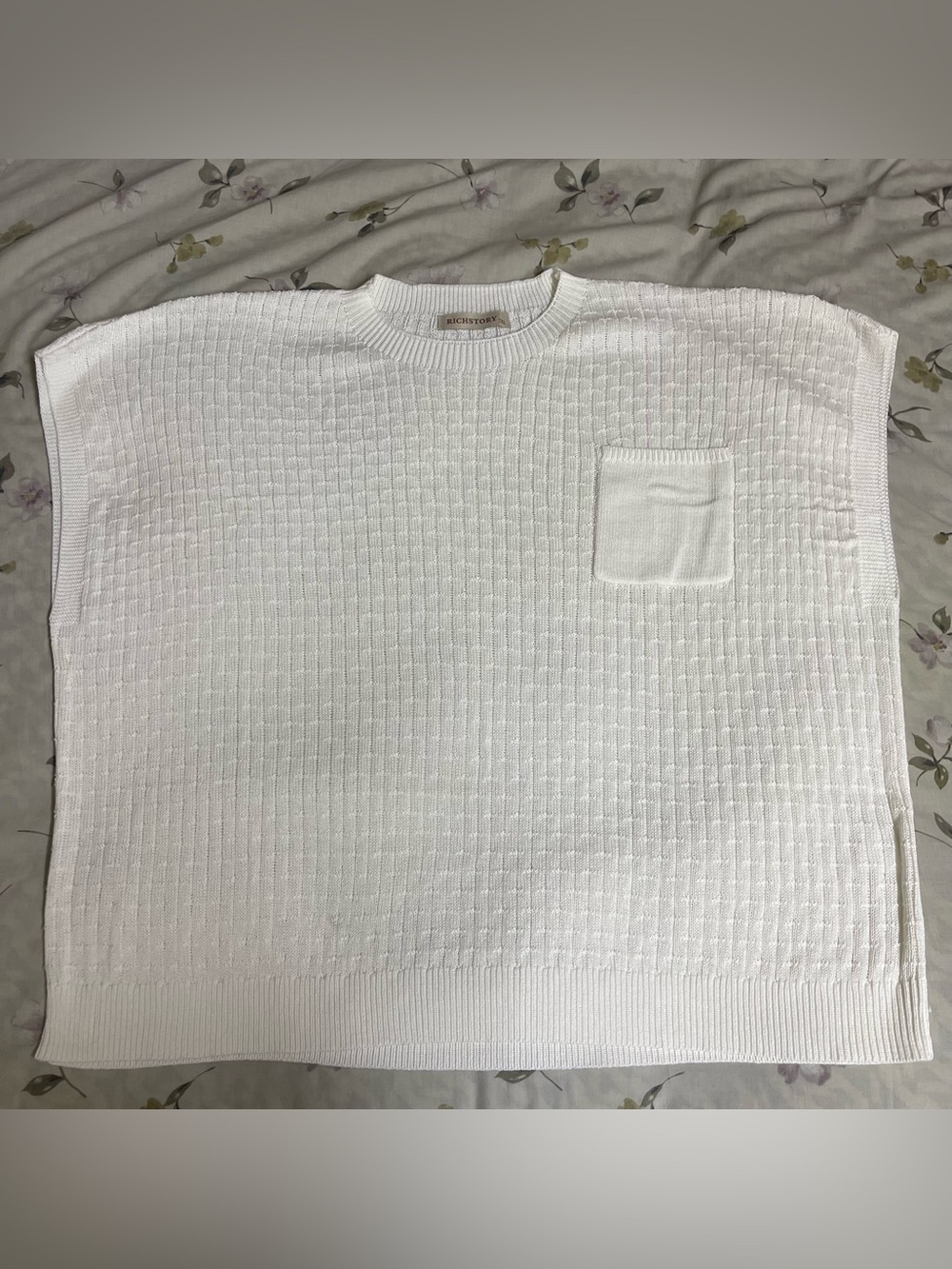 Minimalist White Textured Crewneck Top with Chest Pocket